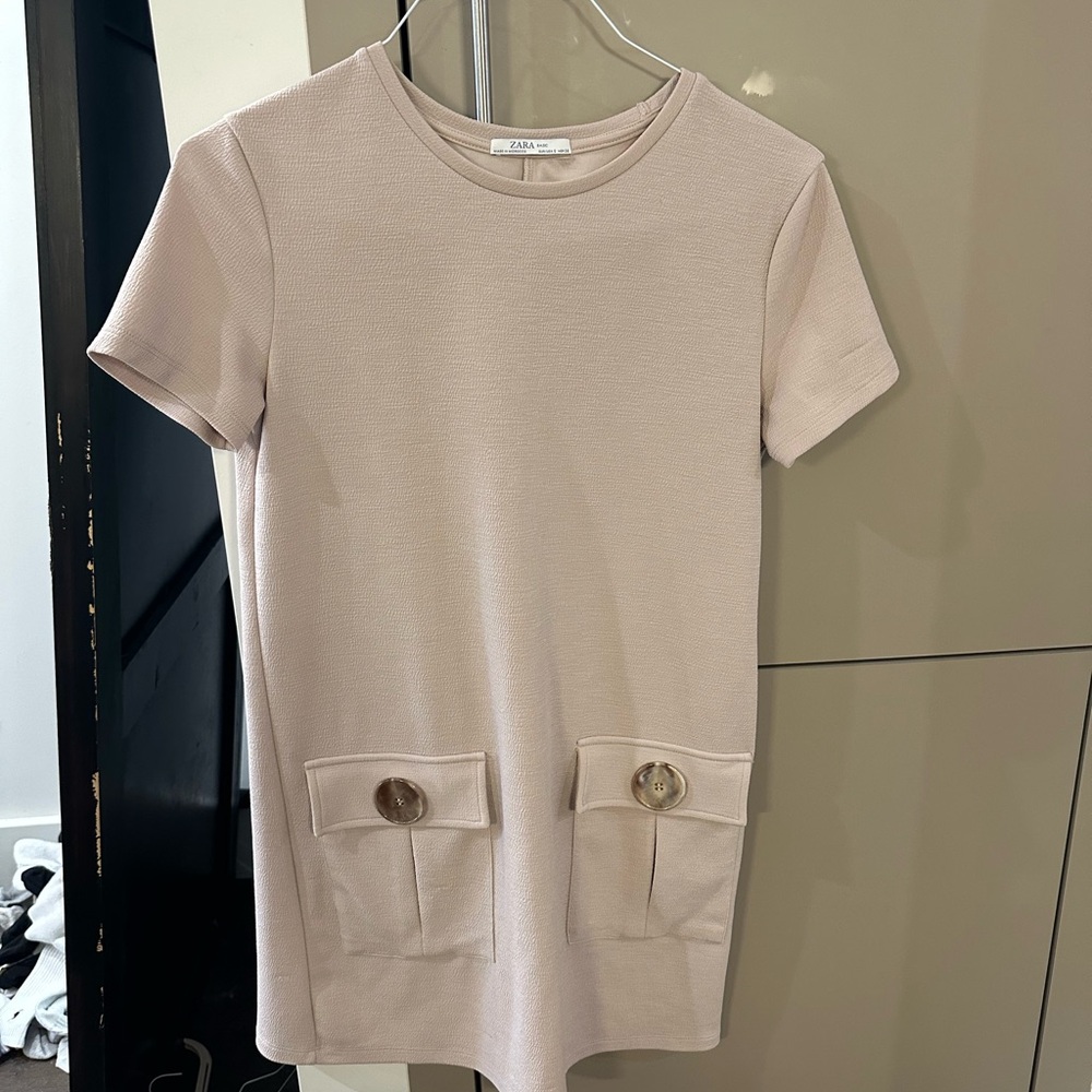 Zara Beige Short Sleeve Dress with Pockets